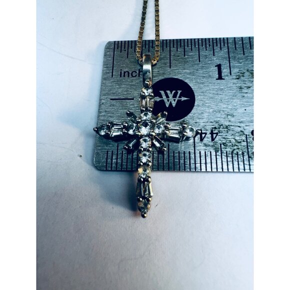 Sterling Silver 925 Cross Pendant Necklace w/ Clear Stones, 20” Chain Vintage - Picture 9 of 11